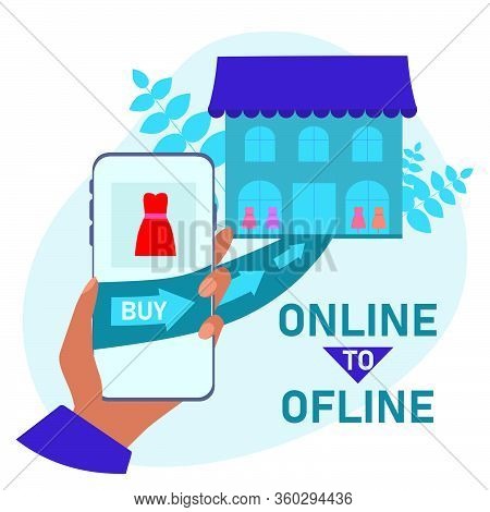 Online To Offline  Concepts Flat Vector Illustration. O2o Digital Marketing System. Consumer Makes P