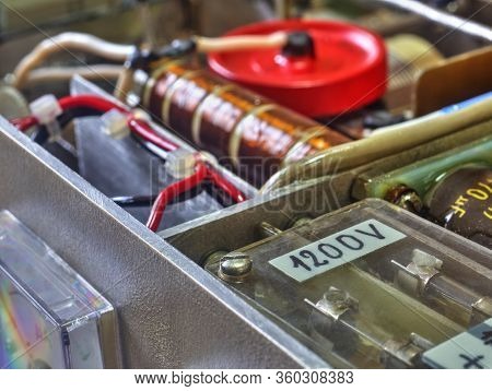 Inside View Of High Frequency Power Amplifier With Capacitors, Coils And Other Components