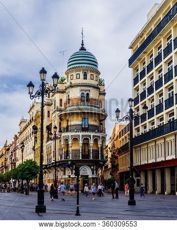 Sevilla, Andalusia, Spain  - 14 May 2013: Bright Colors Of The Edificio La Adriatica. Different Styl