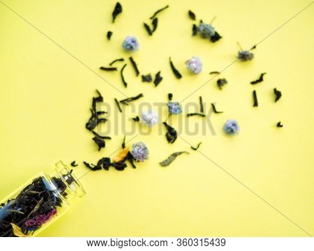 Small Old Vintage Glass Bottle With Defocused Floral Tea And Blue And Pink Petals Inside And Scatter