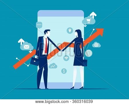 Two Financial Broker Made Deal. Stock Market Exchange Concept. Smartphone With Growth Charts.