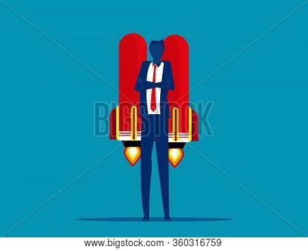 Businessman And A Rocket Suit To Lift. Business Successful Concept.