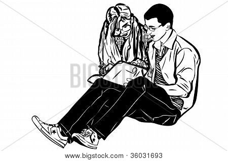Dibuje un compañero y libro de lectura de la chica