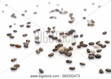 Healthy Grains Organic Chia Seeds Background. Pile Nutrition Food Isolated On White. Dieting And Det