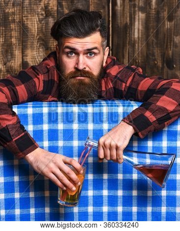 Hangover Concept. Barman With Beard And Shocked Face