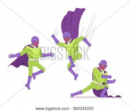 Male Super Hero In Bright Costume, Attack Poses. Heroic Strong Warrior, Superpower Man With Superior