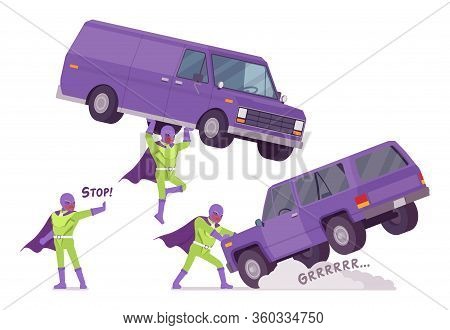 Male Super Hero Holding A Heavy Van. Heroic Strong Brave Warrior, Superpower Man With Superior Comba