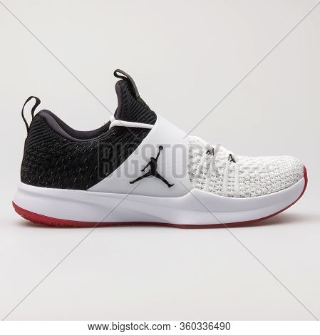 Vienna, Austria - August 16, 2017: Nike Air Jordan Trainer 2 Flyknit Black And White Sneaker On Whit