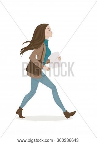 Young Woman With Brown Hair In A Blue Trouses And Brown Coat With A Bag. Walking Girl. Vector Illust