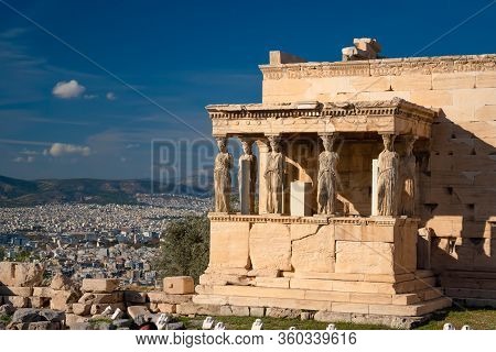 The Erechtheum Temple Stone Porch With Caryatids In Erechtheion In Acropolis, Athens In Greece With 