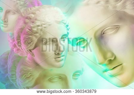 Statue Of Venus De Milo. Creative Concept Colorful Neon Image With Ancient Greek Sculpture Venus Or 