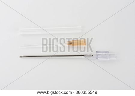 Orange Intravenous Cannula 14 G On White Background, External Diameter 2,1 Mm, Used In Trauma, Blood