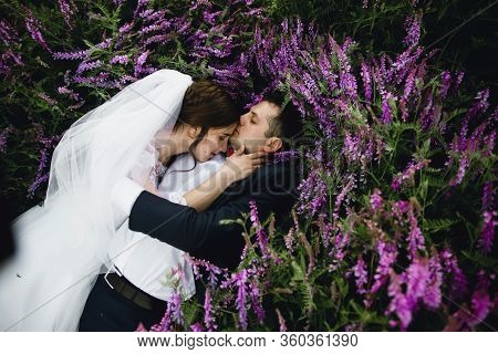 Couple At Sunset In A Wedding Dress Lie On The Grass With Lipin Flowers,festive Spring Wedding Photo
