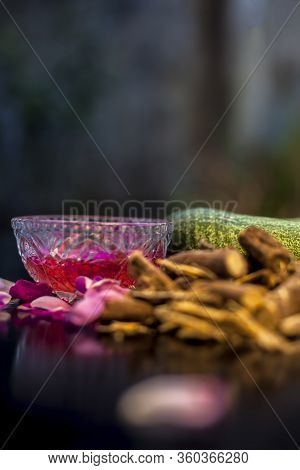 Close Up Of Mulethi Or Licorice Face Mask On A Black Surface For Skin Whitening Consisting Of Some M