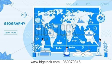 Atlas With Metrics, Compass, And Oceans Concept Vector. Geographers Study Earth. Geography Online An