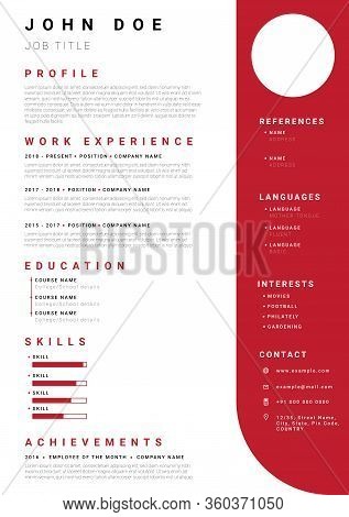 Resume / Cv Template With Minimalist Red Colour Design. Font Used Is Roboto.