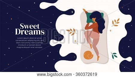 Sweet Dreams, Good Health Concept. Young Woman Sleeps On Side. Vector Illustration Of Girl And Cat I