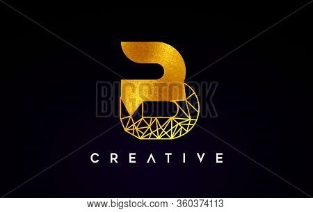 B Golden Letter Design Logo Icon With Gold Textire And Origami Wireframe.