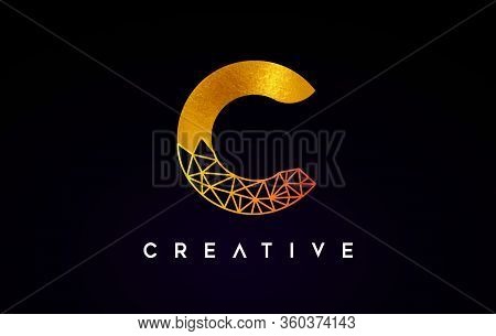 C Golden Letter Design Logo Icon With Gold Textire And Origami Wireframe.