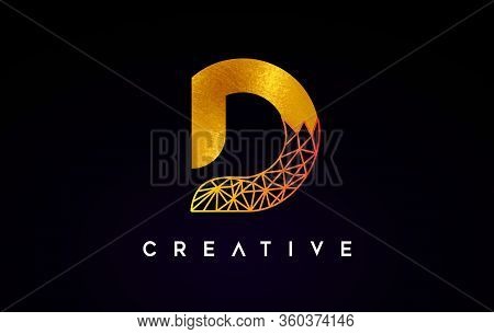 D Golden Letter Design Logo Icon With Gold Textire And Origami Wireframe.