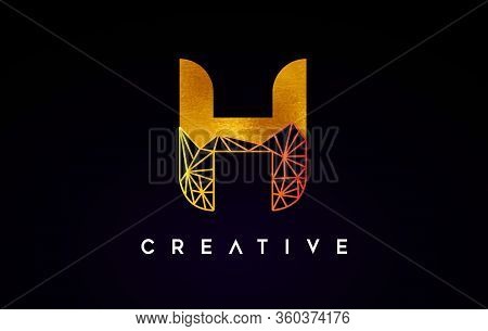 H Golden Letter Design Logo Icon With Gold Textire And Origami Wireframe.