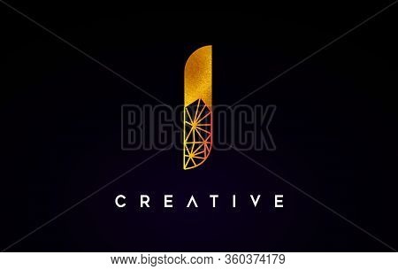 I Golden Letter Design Logo Icon With Gold Textire And Origami Wireframe.
