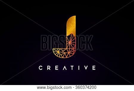 J Golden Letter Design Logo Icon With Gold Textire And Origami Wireframe.