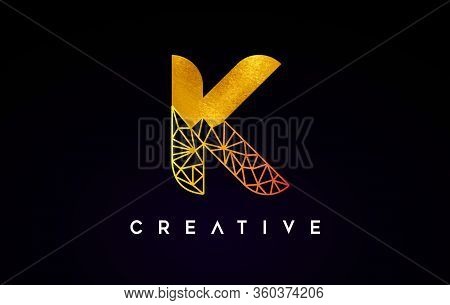 K Golden Letter Design Logo Icon With Gold Textire And Origami Wireframe.