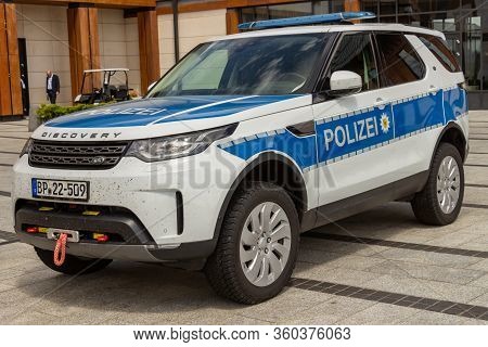 Arlamow, Poland - May, 2019: German Federal Police Patrol Car Land Rover Discovery. Off-road Utility