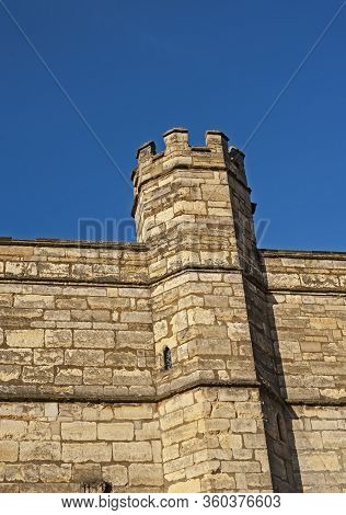 Tower On Old Medieval English City Defensive Wall With Ballustrade