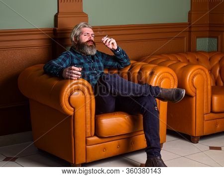 Brutal Man Drinking Whiskey And Smoking Cigarette. Bearded Male Sit In Luxury Leather Armchair. Luxu
