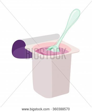 Vector Yogurt In A Container With Plastic Spoon Isolated On White Background. Healthy Milk Dairy Foo