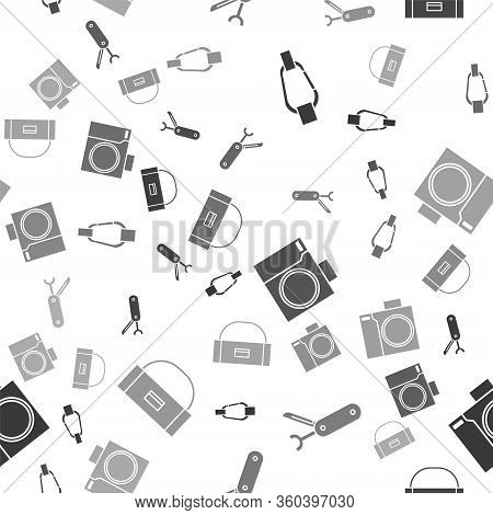 Set Carabiner, Swiss Army Knife, Photo Camera For Diver And Case Or Box Container For Wobbler On Sea