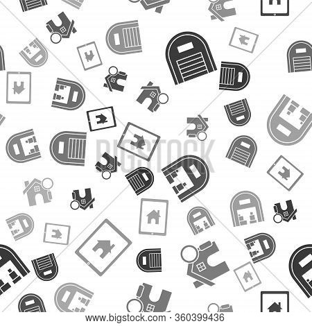 Set Warehouse, Search House, Warehouse And Tablet And Smart Home On Seamless Pattern. Vector