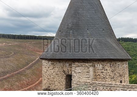 View At Tower Ruin Medieval Castle Bourscheid In Luxembourg