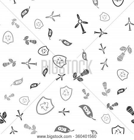 Set Wind Turbine, Leaf Eco Symbol, Light Bulb With Leaf And Recycle Symbol Inside Shield On Seamless