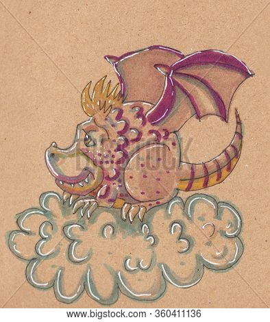 Hand Drawn Illustration The Dragon In Abstract Style On Craft Paper.