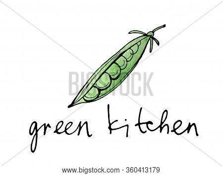 Green Peas. Line Art Style With Bright Green Watercolor Background. Inscription Green Kitchen For Lo