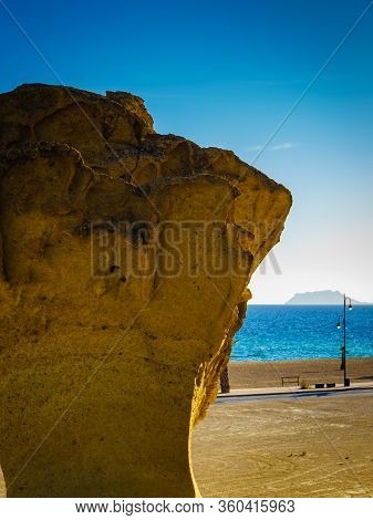 Stunning Rock Erosion Formations Along Beach In Bolnuevo, Near Mazarron. Natural Sandstone Shapes. M