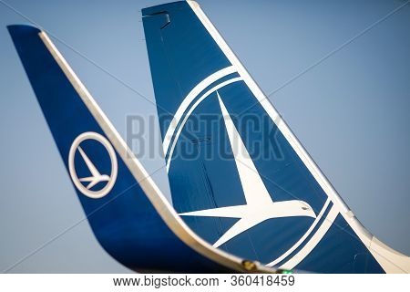 Otopeni, Romania - April 9, 2020: Tarom (the Operating Airline Of Romania) Logo On An Airplane Wings