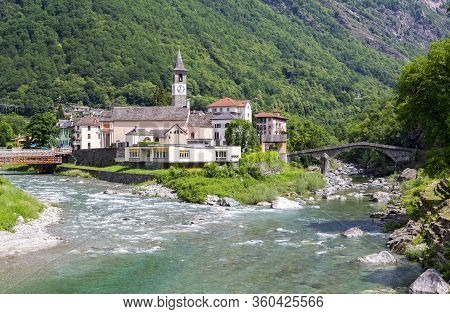 Bignasco Village At The Mouth From Maggia River And Bavona River, Ticino, Switzerland