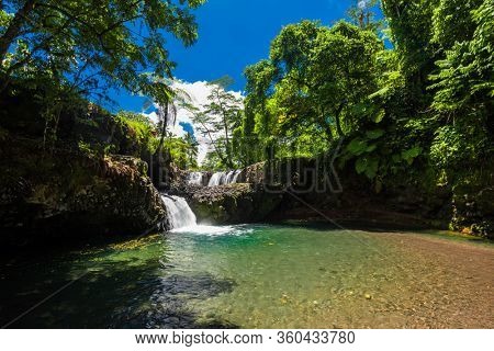 Vibrant Togitogiga falls with swimming hole on Upolu, Samoa Islands.