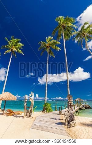 Vibrant tropical beach with palm trees, Upolu, Samoa.