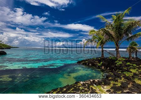 Vibrant tropical beach with palm trees, Upolu, Samoa.