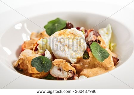 Salad in white bowl. Sliced octopus and fried potato. Served cut ingredients with mayonnaise, tomato spicy ajika and smoked pepper homemade sauce. Restaurant food portion in plate close up