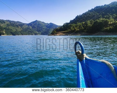 The Nose Of The Boat Floating On The River. Albania Shkoder Komani River