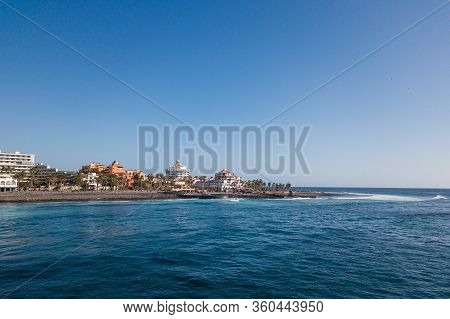 Aerial Shot Of Tenerife Coastline Playa De Las Americas. Beautiful Landscape Of Atlantic Ocean Las A