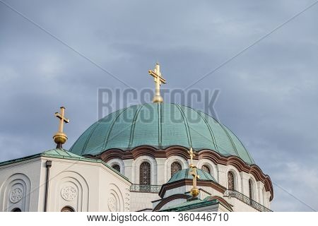 Saint Sava Cathedral Temple (hram Svetog Save) With A Focus On Its Cupola And Its Dome. This Orthodo