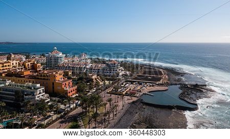 Aerial Shot Of Tenerife Coastline Playa De Las Americas. Beautiful Landscape Of Atlantic Ocean Las A