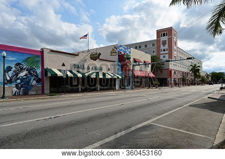 Miami, Florida - April 5, 2020 - Calle Ocho - Eigth Street - Devoid Of People Under Covid-19 Hotel, 